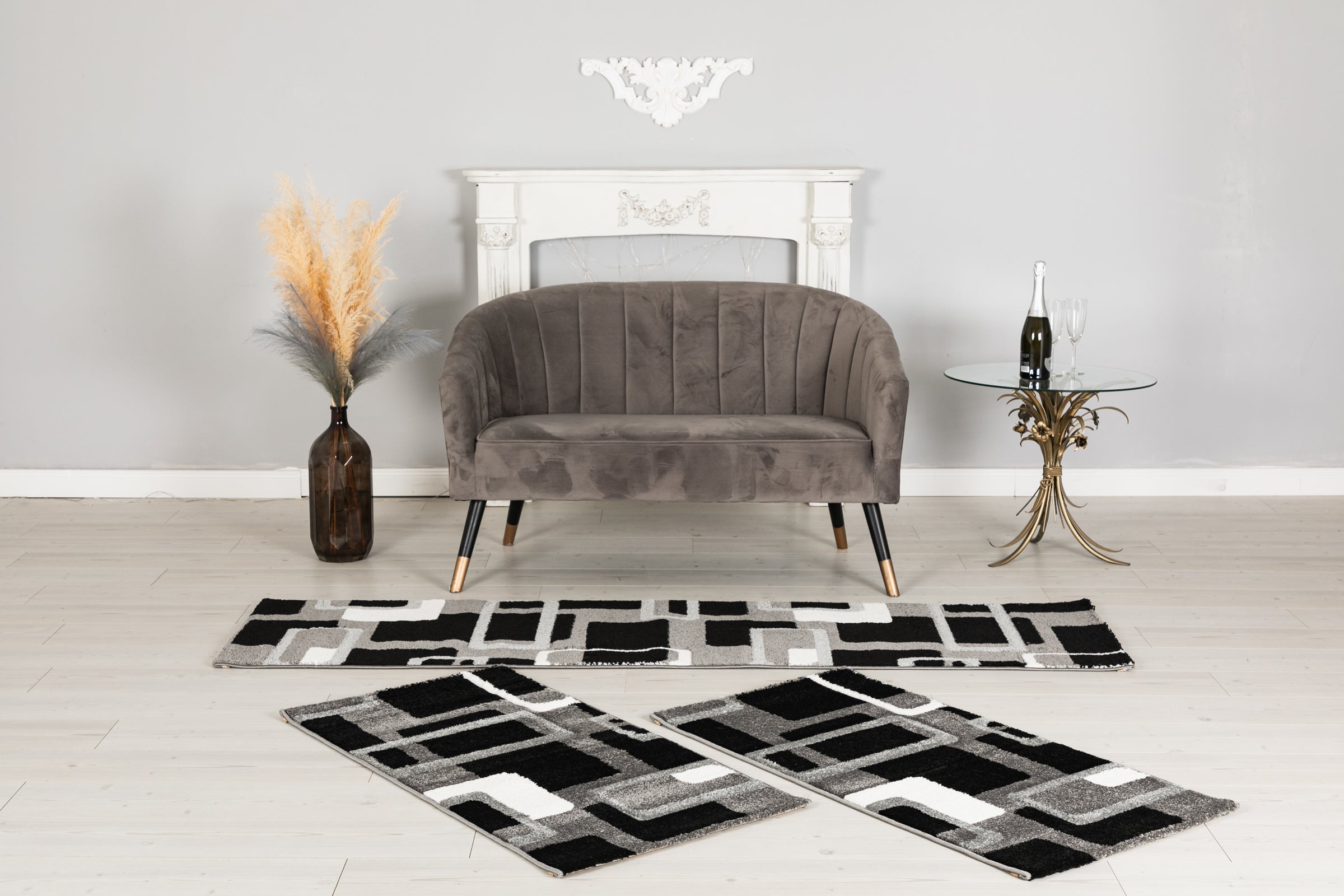 Eylül Fekete Fehér Téglamintás Szőnyeg szett